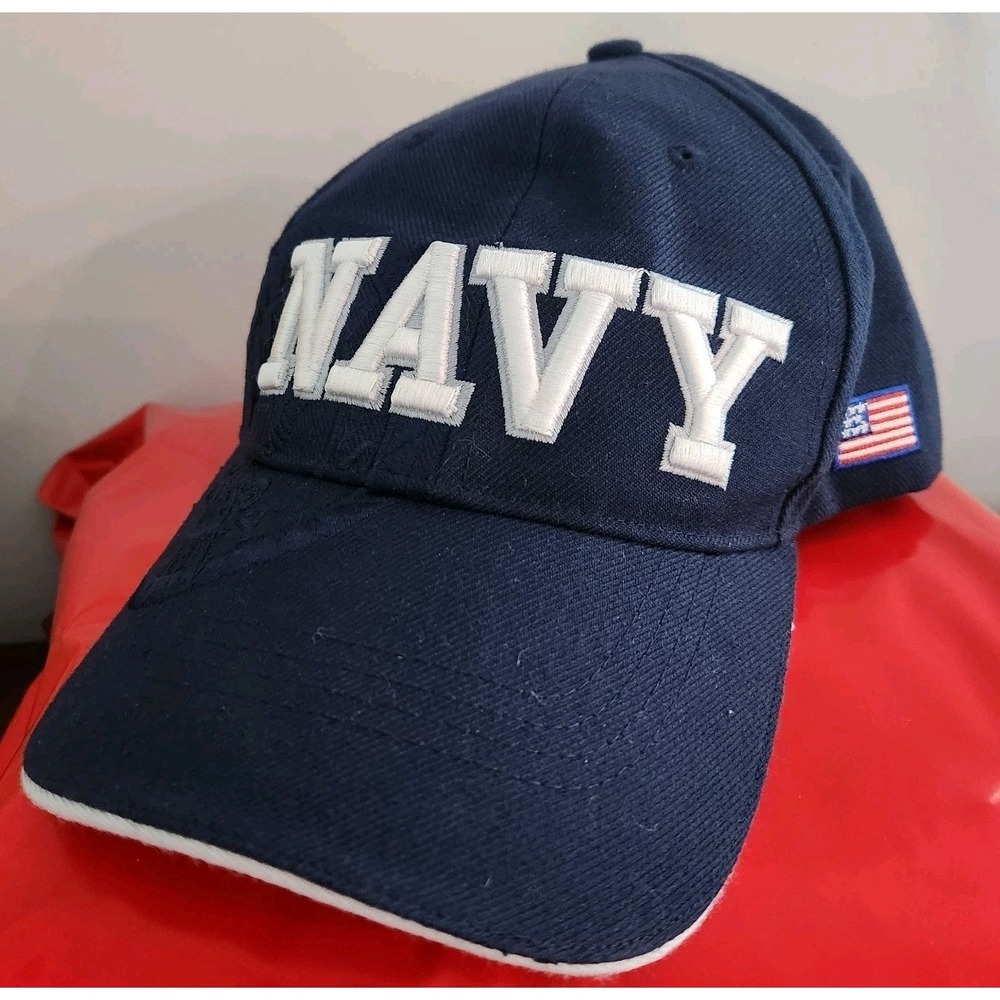 NAVY Hat Ball Cap ONE SIZE Adjustable Blue Structured Raised 3D Logo USA Flag